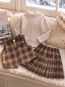 SHEIN 女童 3 件套 格紋背心內搭與格紋百褶裙，可愛俏皮，柔軟舒適，適合日常穿著、學校、休閒外出、派對、通勤，秋冬舒適穿搭 - 彩色 - 查看 4