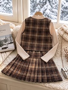 SHEIN 女童 3 件套 格紋背心內搭與格紋百褶裙，可愛俏皮，柔軟舒適，適合日常穿著、學校、休閒外出、派對、通勤，秋冬舒適穿搭 - 彩色 - 查看 2