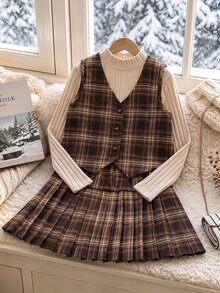 SHEIN 女童 3 件套 格紋背心內搭與格紋百褶裙，可愛俏皮，柔軟舒適，適合日常穿著、學校、休閒外出、派對、通勤，秋冬舒適穿搭 - 彩色 - 查看 3