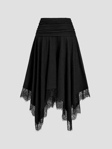 Sweetra Autumn/Winter Fashion New Vintage Low Waist Ruched Waist Slimming Textured Fabric Asymmetrical Wavy Hem Lace Trim A-Line Black Skirt For Women - Black - View 2