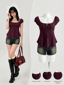 Elamini Women's Summer Tie-Up Pearl Decor Loose Hem Short Sleeve T-Shirt - Red Violet - View 1