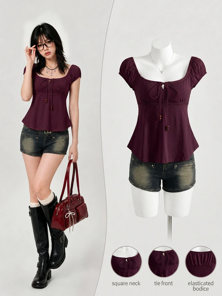 Elamini Women's Summer Tie-Up Pearl Decor Loose Hem Short Sleeve T-Shirt - Red Violet - View 1