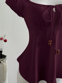 Elamini Women's Summer Tie-Up Pearl Decor Loose Hem Short Sleeve T-Shirt - Red Violet - View 5