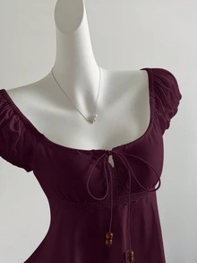 Elamini Women's Summer Tie-Up Pearl Decor Loose Hem Short Sleeve T-Shirt - Red Violet - View 7