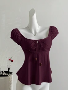 Elamini Women's Summer Tie-Up Pearl Decor Loose Hem Short Sleeve T-Shirt - Red Violet - View 4