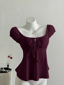 Elamini Women's Summer Tie-Up Pearl Decor Loose Hem Short Sleeve T-Shirt - Red Violet - View 3