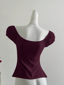 Elamini Women's Summer Tie-Up Pearl Decor Loose Hem Short Sleeve T-Shirt - Red Violet - View 2