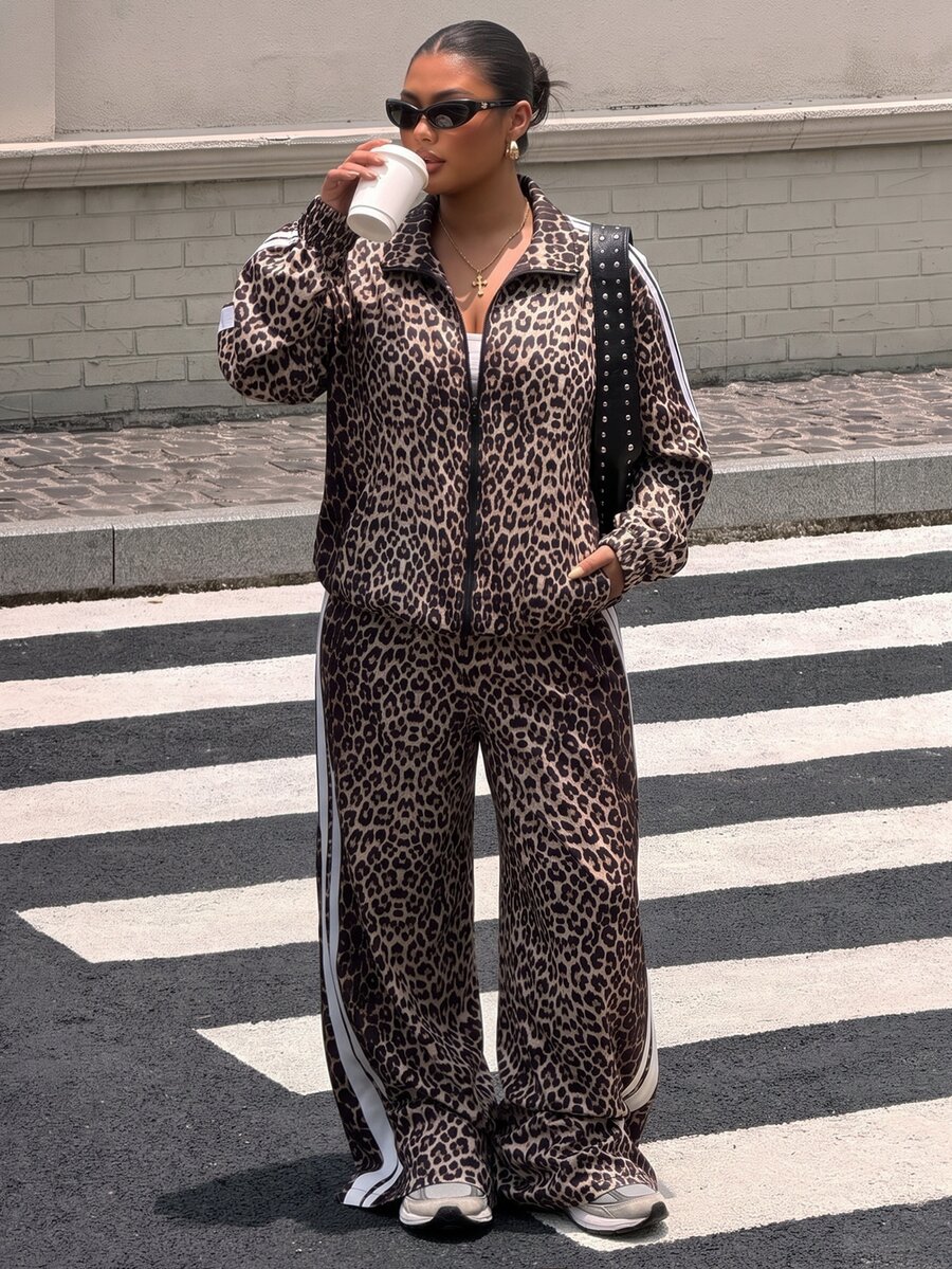 Muchica Plus Size Women's Leopard Print Zipper Long Sleeve Jacket And Pants Casual Daily 2 Pieces Set Fall - Multicolor - View 1