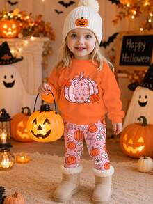Halloween Baby Girl Casual Minimalist Cute Pumpkin Pattern Pumpkin Color Loose Round Neck Sweatshirt Elastic Waist Long Pants Set Suitable For Autumn Winter Looks Of Party, Fall, Winter, Kawaii, Chill - Multicolor - View 2