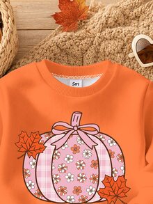 Halloween Baby Girl Casual Minimalist Cute Pumpkin Pattern Pumpkin Color Loose Round Neck Sweatshirt Elastic Waist Long Pants Set Suitable For Autumn Winter Looks Of Party, Fall, Winter, Kawaii, Chill - Multicolor - View 3