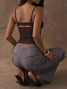 SHEIN BAE 女士性感优雅蕾丝拼接吊带背心 - 咖啡棕 - 查看 2
