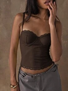 SHEIN BAE 女士性感优雅蕾丝拼接吊带背心 - 咖啡棕 - 查看 3
