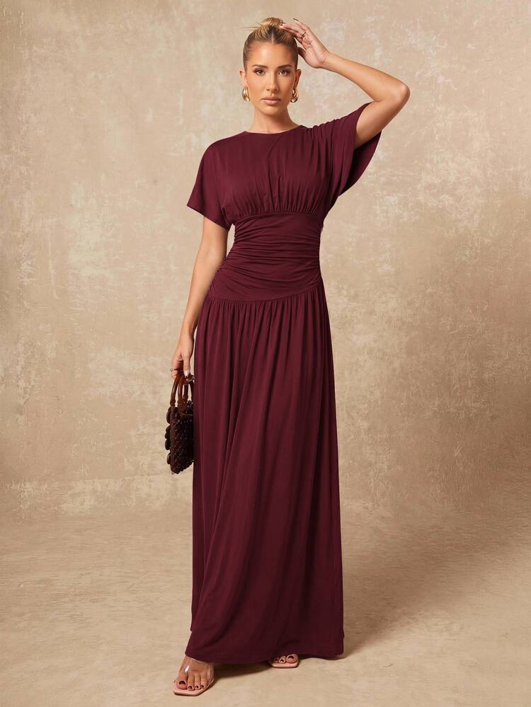 Lumalex New Brown Short Sleeve Ruched Waist Design Round Neck Long Dress - Burgundy - View 3