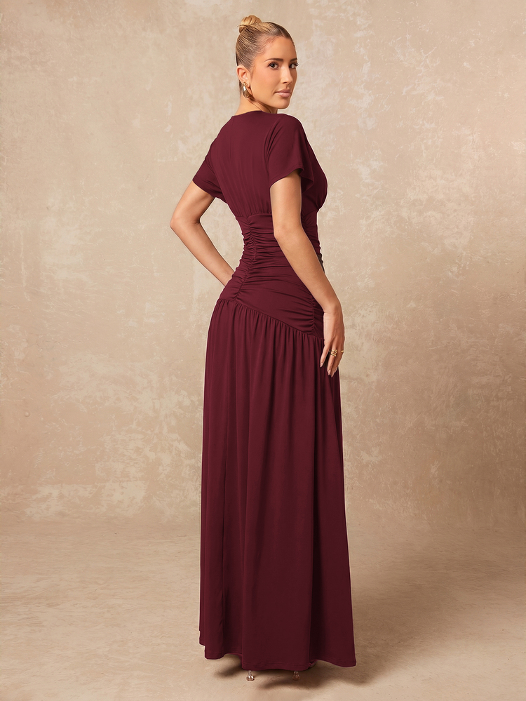 Lumalex New Brown Short Sleeve Ruched Waist Design Round Neck Long Dress - Burgundy - View 2