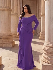 Coutiva Plus Size Rhinestone Pleated Formal Classy Elegant Evening Wedding Gown Dress (Heavy Embellished) Wedding Purple Autumn - Mauve Purple - View 4
