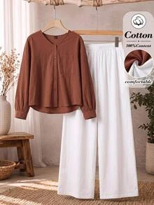 Rusticease Setup Autumn Winter Women Women's Solid Color Long Sleeve Top And Pants Casual Daily 2 Pieces Set Brunch Rust Orange White New Year Winter Set Picnic - Multicolor - View 1