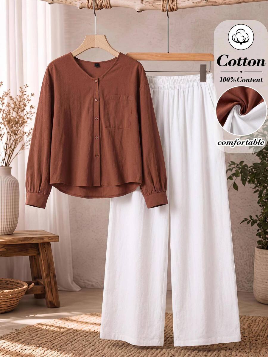 Rusticease Setup Autumn Winter Women Women's Solid Color Long Sleeve Top And Pants Casual Daily 2 Pieces Set Brunch Rust Orange White New Year Winter Set Picnic - Multicolor - View 1