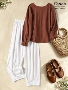 Rusticease Setup Autumn Winter Women Women's Solid Color Long Sleeve Top And Pants Casual Daily 2 Pieces Set Brunch Rust Orange White New Year Winter Set Picnic - Multicolor - View 2