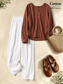 Rusticease Setup Autumn Winter Women Women's Solid Color Long Sleeve Top And Pants Casual Daily 2 Pieces Set Brunch Rust Orange White New Year Winter Set Picnic - Multicolor - View 3