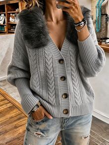 SHEIN Light Grey Plush Furry Collar Cable‑Knit Cropped Cardigan, Vintage Casual Elegant Decorative Buttons Front V‑Neck Twisted Brunch Autumn - Grey - View 8