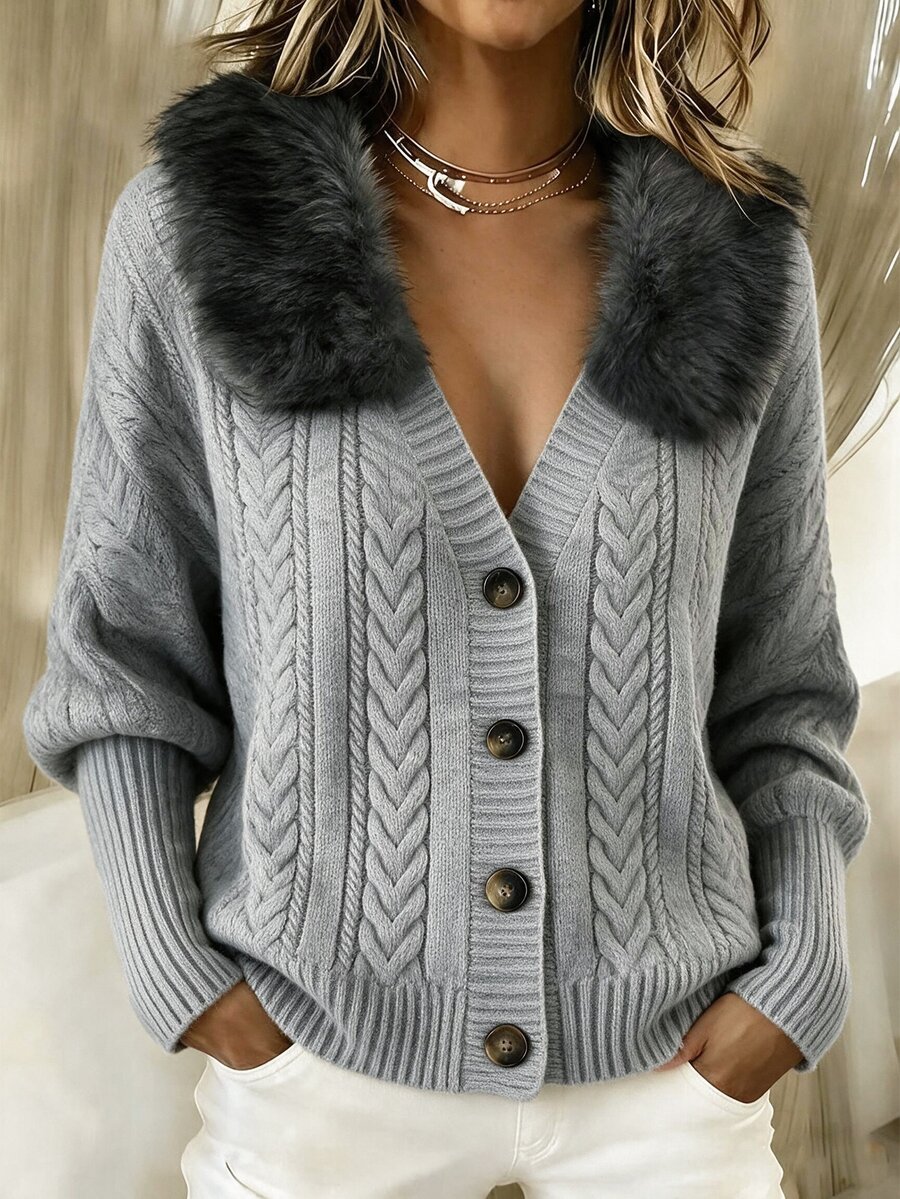 SHEIN Light Grey Plush Furry Collar Cable‑Knit Cropped Cardigan, Vintage Casual Elegant Decorative Buttons Front V‑Neck Twisted Brunch Autumn - Grey - View 1
