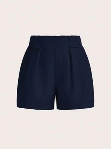 Zolique Women's Solid Color Pleated Pocket Loose Casual Shorts - Navy Blue - View 5