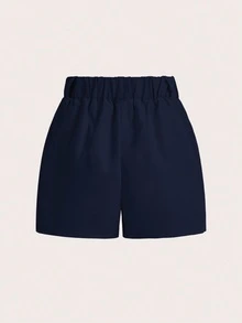 Zolique Women's Solid Color Pleated Pocket Loose Casual Shorts - Navy Blue - View 3