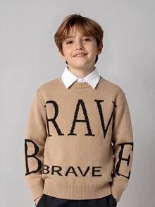 SHEIN 兒童青少年男孩休閒 BRAVE 圖案卡其色針織毛衣，適合秋冬、學校、家庭聚會、度假、派對，秋季穿搭、冬季穿搭，男孩套裝 - 彩色 - 查看 3