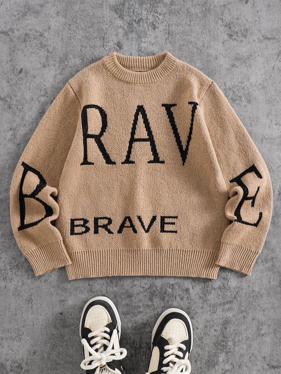 SHEIN 兒童青少年男孩休閒 BRAVE 圖案卡其色針織毛衣，適合秋冬、學校、家庭聚會、度假、派對，秋季穿搭、冬季穿搭，男孩套裝