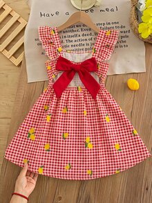 SHEIN LMoss Kids Young Girl Young Girl Young Girl Young Girl Young Girl Yellow Plaid T With Lemon Print For Vacation Style Cute Vacation Dress - Red - View 6