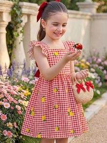 SHEIN LMoss Kids Young Girl Young Girl Young Girl Young Girl Young Girl Yellow Plaid T With Lemon Print For Vacation Style Cute Vacation Dress - Red - View 3