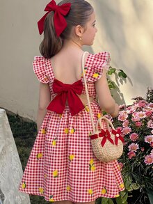 SHEIN LMoss Kids Young Girl Young Girl Young Girl Young Girl Young Girl Yellow Plaid T With Lemon Print For Vacation Style Cute Vacation Dress - Red - View 12