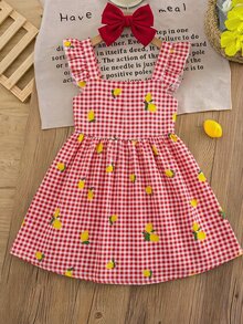 SHEIN LMoss Kids Young Girl Young Girl Young Girl Young Girl Young Girl Yellow Plaid T With Lemon Print For Vacation Style Cute Vacation Dress - Red - View 9