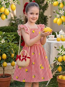 SHEIN LMoss Kids Young Girl Young Girl Young Girl Young Girl Young Girl Yellow Plaid T With Lemon Print For Vacation Style Cute Vacation Dress - Red - View 10