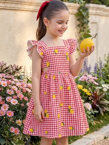 SHEIN LMoss Kids Young Girl Young Girl Young Girl Young Girl Young Girl Yellow Plaid T With Lemon Print For Vacation Style Cute Vacation Dress - Red - View 7