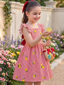 SHEIN LMoss Kids Young Girl Young Girl Young Girl Young Girl Young Girl Yellow Plaid T With Lemon Print For Vacation Style Cute Vacation Dress - Red - View 4