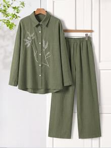 Rusticease Women's Leaf Embroidery Pattern Single-Breasted Long Sleeve Top And Pants Casual Daily Everyday Home Set Autumn Outfit Green And White Olive Green - Green - View 4