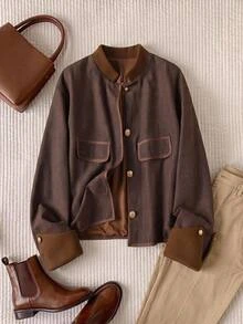Rusticease Fall Winter Jacket Elegant Women's Contrast Color Long Sleeve Single-Breasted Casual Vintage Regular Fit Jacket Office Brown Work Outfits - Brown - View 1
