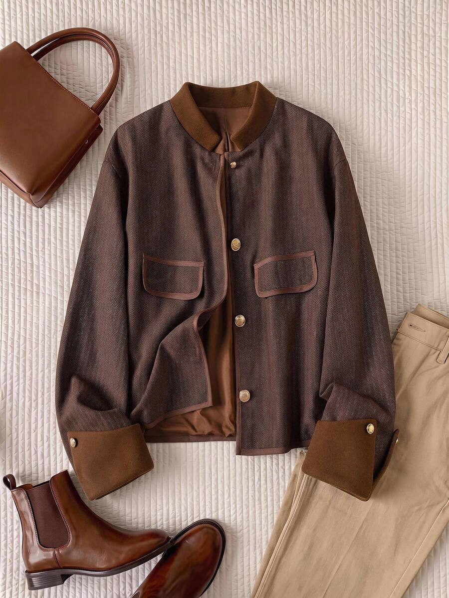 Rusticease Fall Winter Jacket Elegant Women's Contrast Color Long Sleeve Single-Breasted Casual Vintage Regular Fit Jacket Office Brown Work Outfits - Brown - View 1