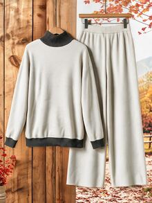 Rusticease Setup Autumn Winter Casual Women's 2pcs Set Zipper Button Long Sleeve Two-Tone Sweater Straight Leg Pants Everyday Homewear Beige - Multicolor - View 2