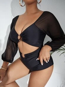 SHEIN Swim Curve Summer Beach Plus Mesh Sleeves One Piece Swimsuit - Black - View 3
