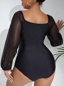 SHEIN Swim Curve Summer Beach Plus Mesh Sleeves One Piece Swimsuit - Black - View 2