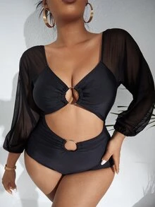 SHEIN Swim Curve Summer Beach Plus Mesh Sleeves One Piece Swimsuit - Black - View 1