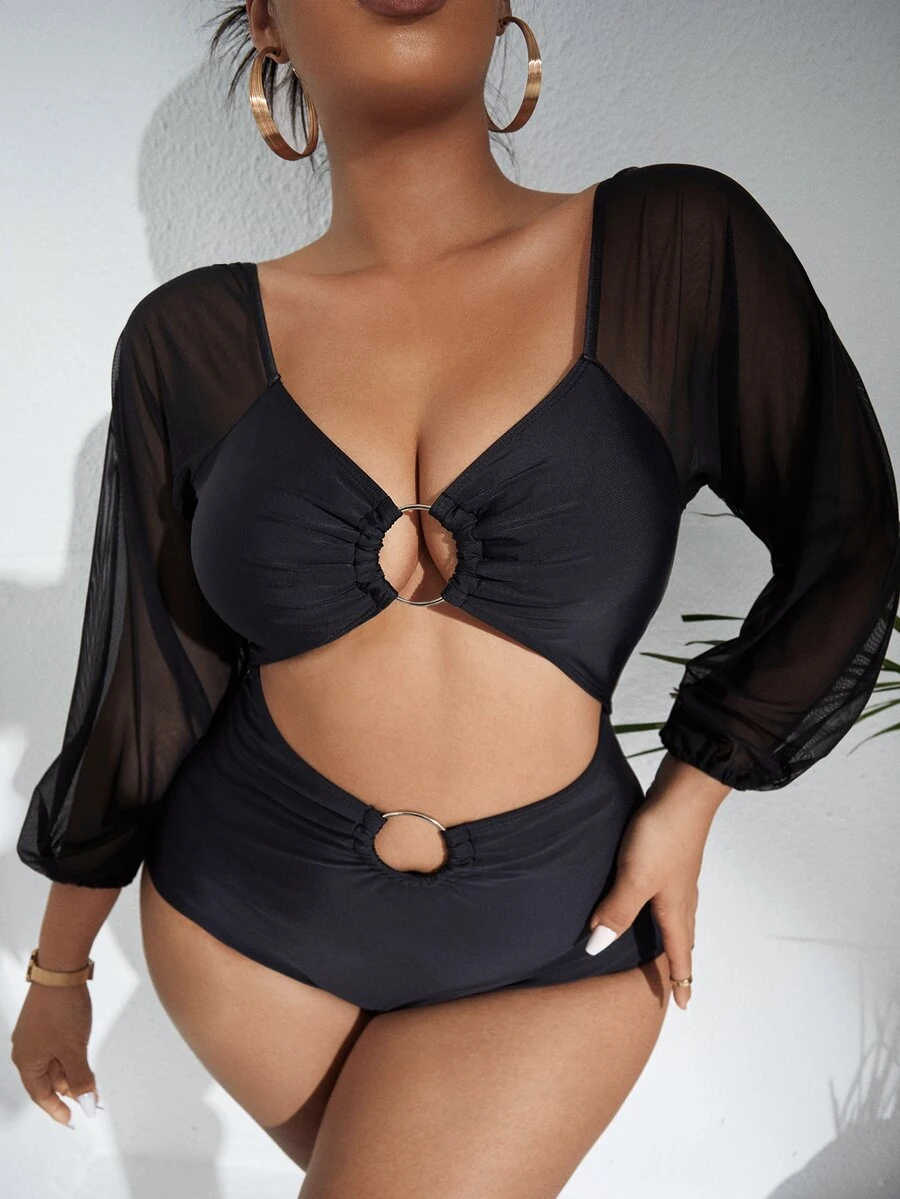 SHEIN Swim Curve Summer Beach Plus Mesh Sleeves One Piece Swimsuit - Black - View 1