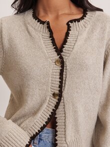 SHEIN BAE Regular Women's Shell Flower Single-Breasted Knit Cardigan - Khaki - View 7