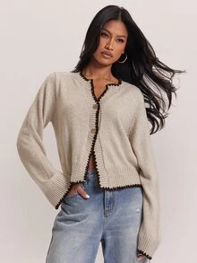 SHEIN BAE Regular Women's Shell Flower Single-Breasted Knit Cardigan - Khaki - View 3