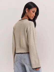 SHEIN BAE Regular Women's Shell Flower Single-Breasted Knit Cardigan - Khaki - View 2