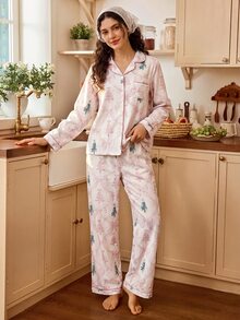 Tulorae Christmas Tree Collar Pajamas, Fresh Bow Print Long Sleeve Set - Baby Pink - View 2