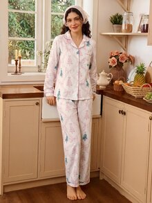 Tulorae Christmas Tree Collar Pajamas, Fresh Bow Print Long Sleeve Set - Baby Pink - View 5