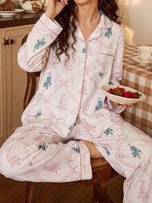 Tulorae Christmas Tree Collar Pajamas, Fresh Bow Print Long Sleeve Set - Baby Pink - View 6